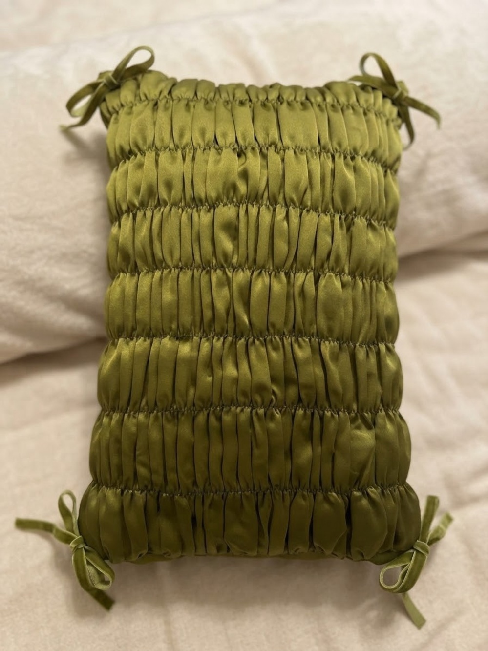 Olive Green Satin Feel Smocked Decorative Pillow with Velvet Corner Ties